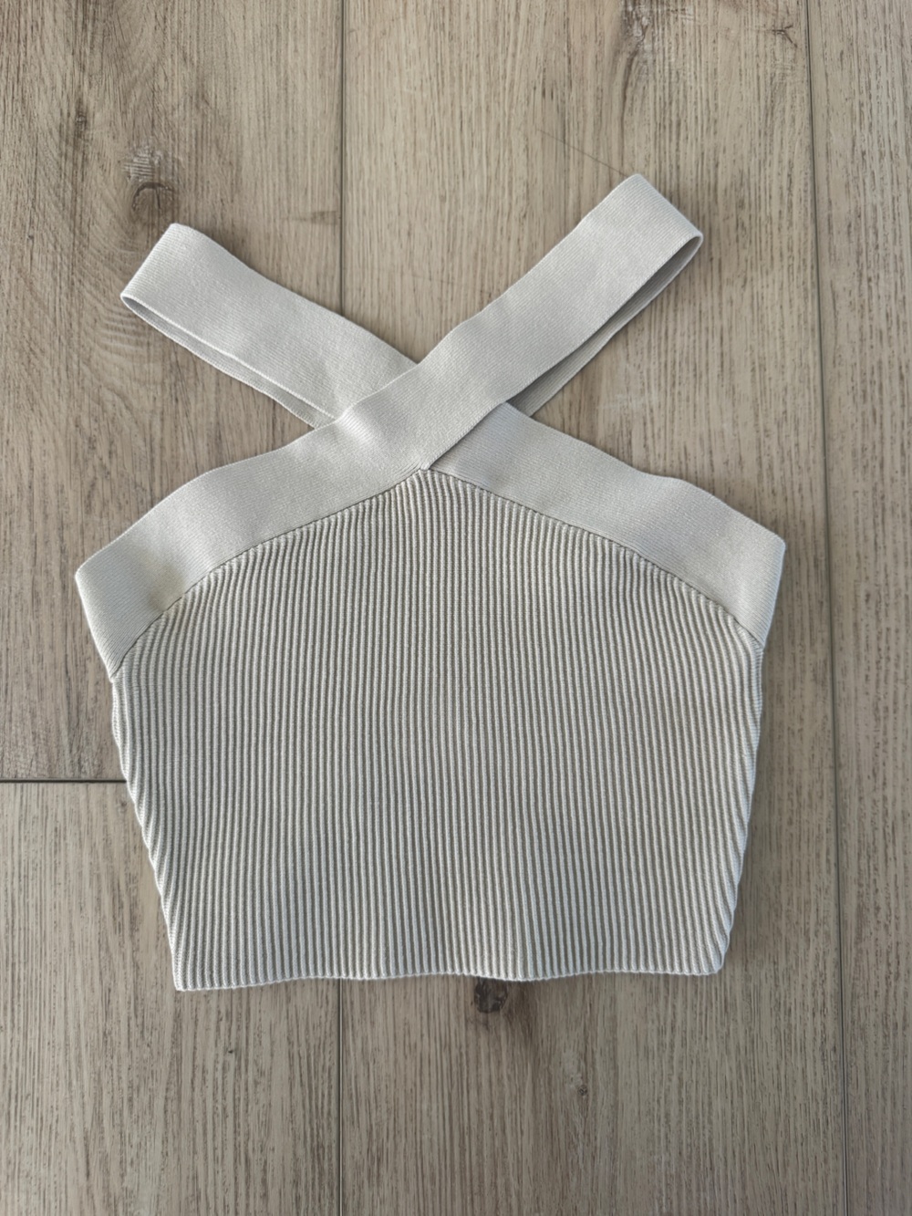 Babaton Cream Ribbed Cross-Back Crop Top